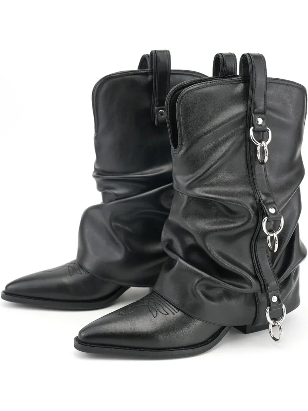 Women's Retro Black Rubber Calf High and Pointed Toe Slouchy Riding Boots